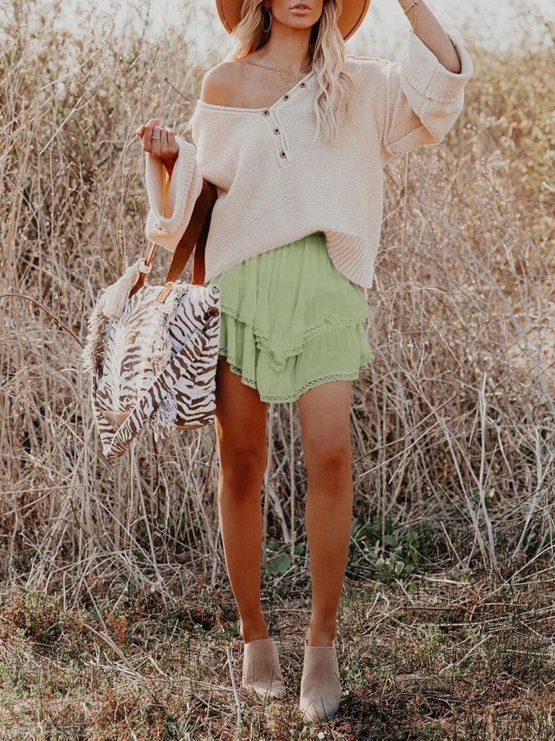 Aoudery Flowy Shorts for Women Casual Boho Ruffle Tiered Skorts High Waist Mini Skirts Golf Tennis Butterfly Crochet Shorts - Grey Green M