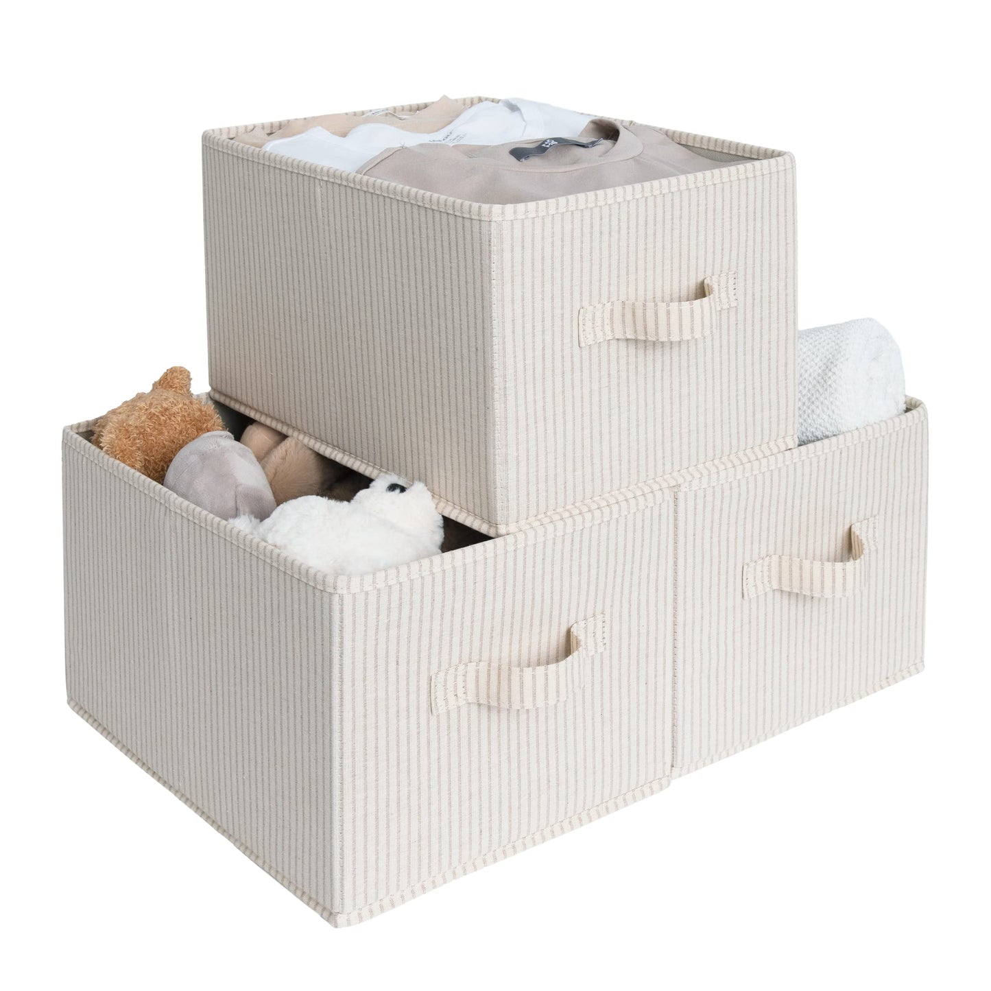 StorageWorks Shelf Storage Boxes, Large Storage Baskets for Shelves, Rectangular Closet Organisers with Handles, Foldable Closet Storage Baskets for Utility Room, Beige Stripes, 3-Pack