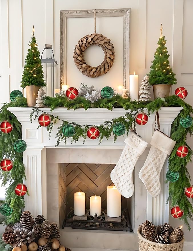 4.7" Large Plastic Christmas Balls Ornaments Set of 4, Glitter Shatterproof Christmas Bulbs Ornaments for Xmas Tree Decorations, Red and Green Ornament for Tree, Mantel, Garland, Winter, Holiday Decor