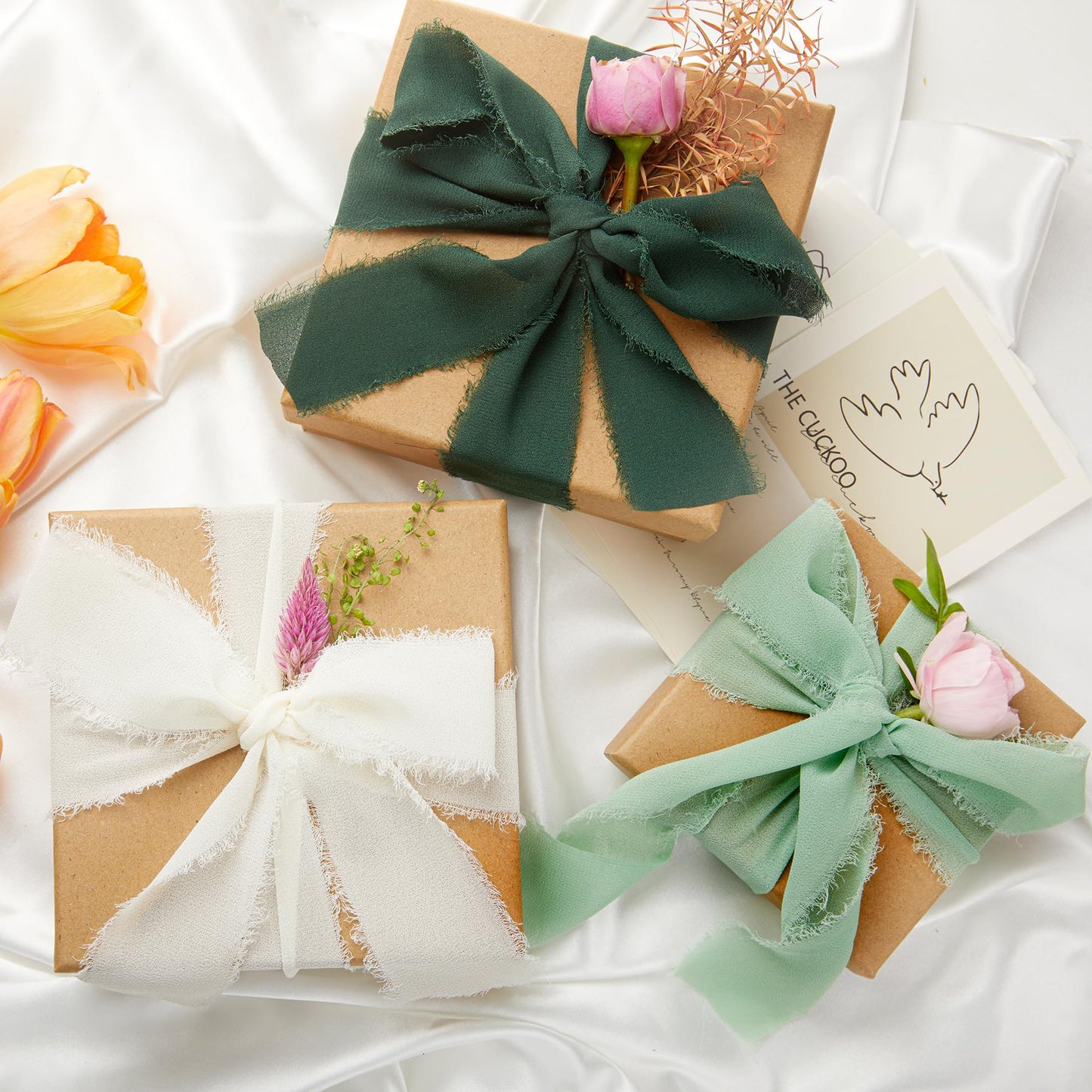 JEDIA Graduation Ribbon, 3 Rolls Champagne Beige Chiffon Silk Ribbon for Flower Bouquet, 1 1/2 inch x 7Yd Flower Ribbons for Gift Wrapping, Wedding Invitations, Bridal Bouquets, DIY Crafts