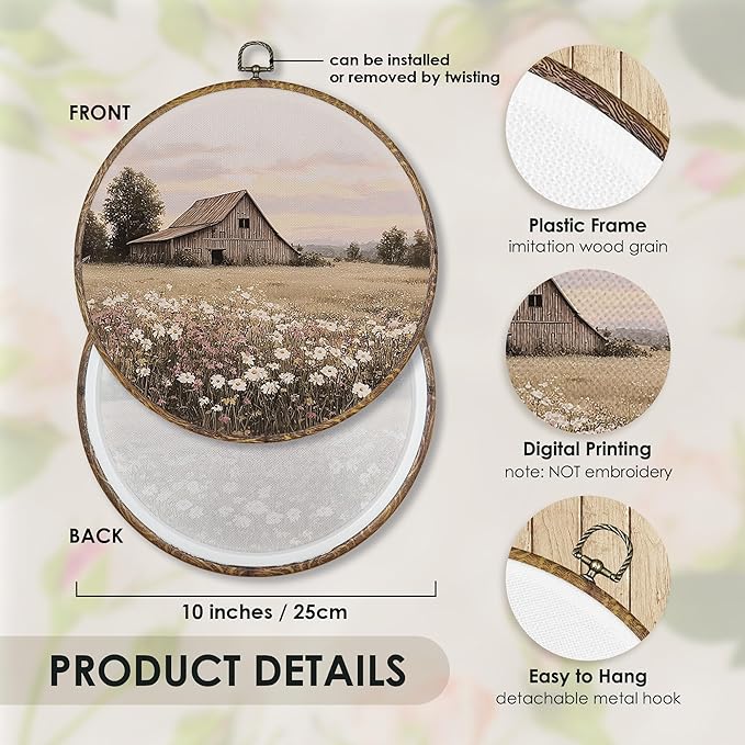 Fewgb Farmhouse Barn Wildflower Round Wall Art Decor Framed, Vintage Country Landscape Canvas Wall Art Prints Picture, Rustic Flower Hanging Room Decor Artwork for Gallery Bedroom Kitchen 10x10