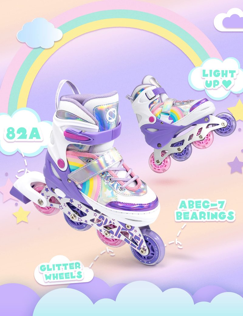 SULIFEEL Rainbow Unicorn Adjustable Inline Skates for Girls Boys and Kids with All Illuminating PU Wheels for Outdoor and Indoor Beginner Skates Purple Medium