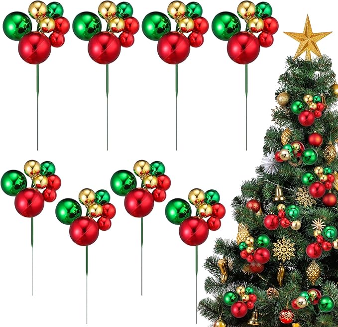 8 Pcs Christmas Ball Tree Picks 7.87 Inch Red Green Gold Christmas Ornaments Picks Xmas Tree Toppers Decorations for Xmas Floral Vase Fillers Wreath Stairs Garland Decoration Supplies