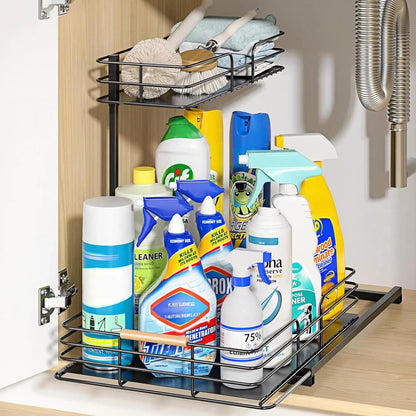 LAMU Under Sink Organizers and Storage, 2 Tier Bathroom Kitchen Cabinet Organizers, Pull Out Under Sink Storage Kitchen Shelf Organizer for Under Counter Storage