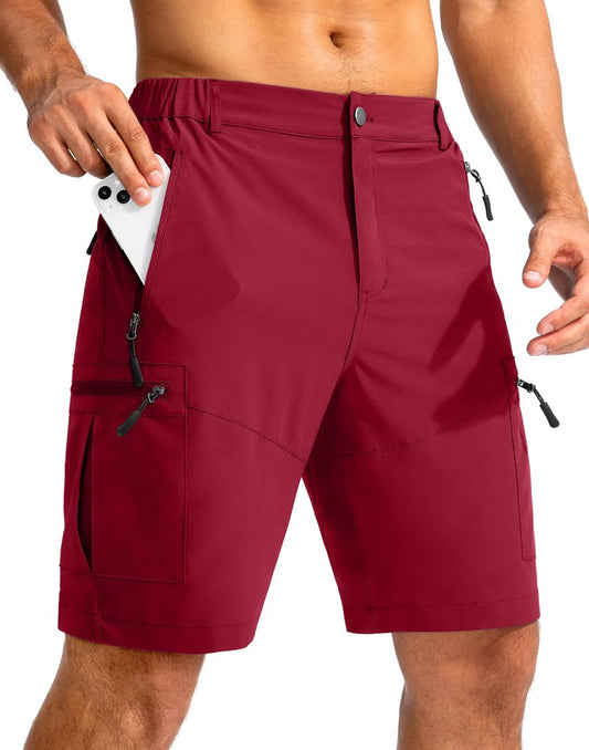 Pudolla Men's Hiking Cargo Shorts 9" Lightweight Outdoor Work Shorts for Men Travel Golf Camping Casual with 5 Zipper Pockets(Red XX-Large)