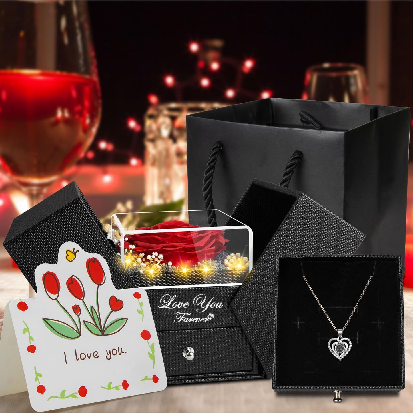 BNWXOY Preserved Red Real Rose with I Love You Necklace -Eternal Flowers Rose Birthday Gifts for Women Mom Grandma Wife Girlfriend Christmas Anniversary Romantic Gifts for Her