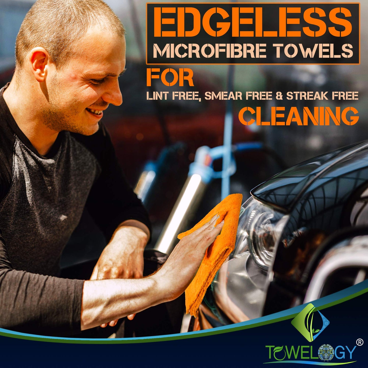 Towelogy® 520gsm Professional Microfibre Edgeless Car Cloths QUICK DRY for Auto/Moto Detailing Polishing Washing STREAK FREE & LINT FREE 40x40cm (Grey/Orange, Pack Of 2)