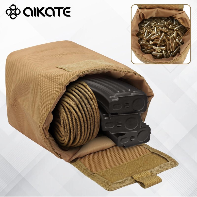 AIKATE Tactical Molle Dump Pouch, Roll-Up Drawstring Magazine Utility Pouch, Folding Dump Bag (Khaki)