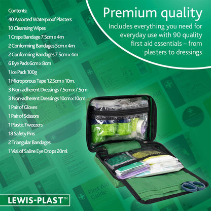 Lewis-Plast Premium First Aid Kit For Home Car Holiday And Workplace - Includes Bandages, Eye Pods, Ice Packs And Essentials For Everyday Situations, 90 Count (Pack of 1)
