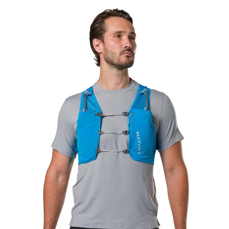 Nathan Unisex Hydration Vest - Lightweight, Quick-Fit Size Adjustment, Details, Includes Two 14oz Hydrapak Flasks, 4L Storage, Six Pockets for Running Essentials,Pinnacle Breeze, Electric Blue, L-XL