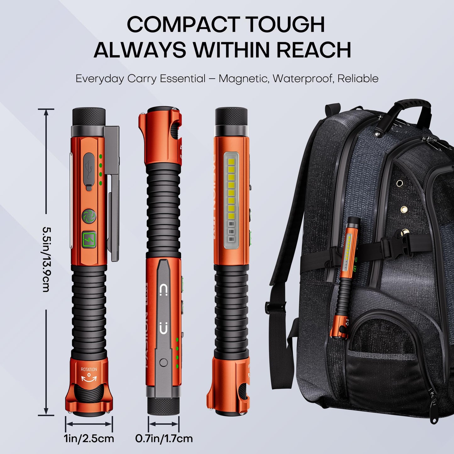 PASIION EDC Flashlight Rechargeable,800 Lumen Small Flashlight with Magnetic Clip & Base, 11 Modes LED Flashlight,Glass Breaker&Bottle Opener, USB-C Flashlight for Working,Home and Emergency
