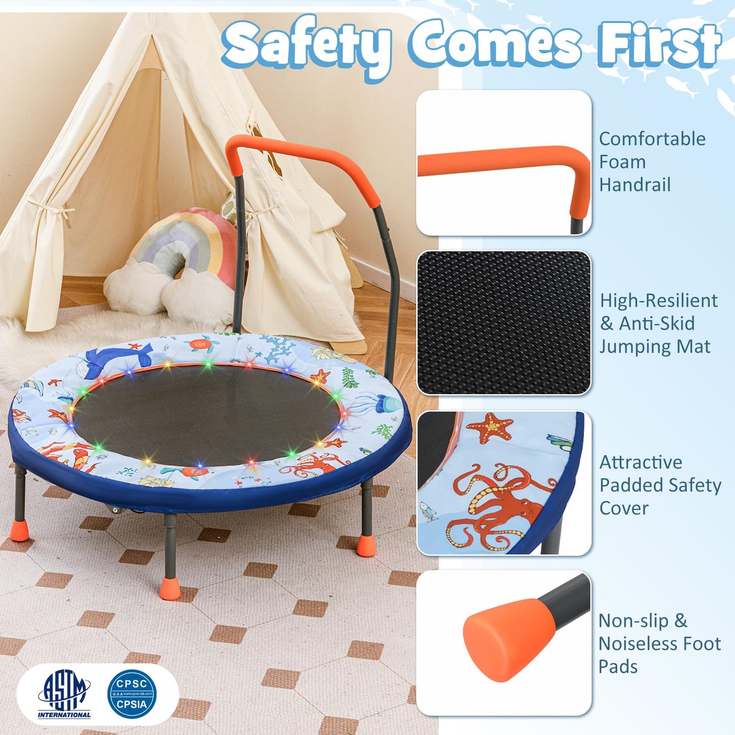 GYMAX 36” Toddler Trampoline with Lights, Folding Springless ASTM Approved Small Kids Rebounder with Foam Handle, Safety Padded Cover & Foldable Legs, Mini Indoor Baby Trampolines