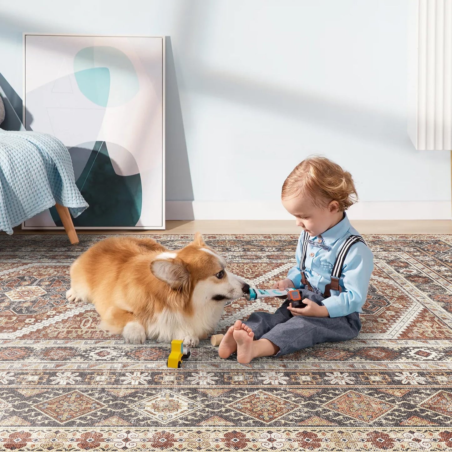 6x9 Area Rugs for Living Room:Washable Oriental Rug for Bedroom Dining Room Carpet 6 by 9 Indoor Non Slip Rubber Backing Neutral Nursery Dorm Home Office Kids Beige (Brick, 6x9)