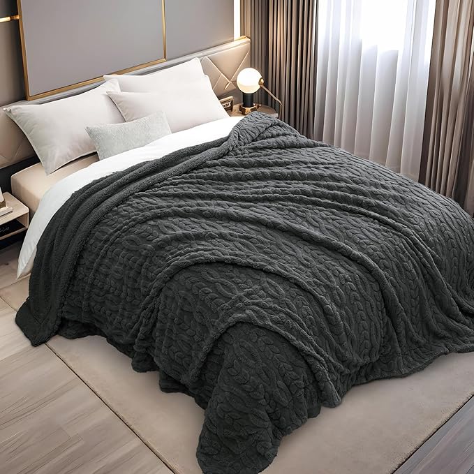 PHF Fluffy Sherpa Blanket Twin Size for Winter, Warm and Soft, 510GSM 3D Jacquard Thick Shaggy Fleece Plush Blanket for Sofa Bed, Dark Grey, 60"x80"