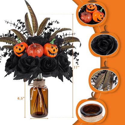 Bessol Halloween Artificial Flowers Decorations,Fake Black Roses Eucalyptus Pumpkins with Vase Arrangements Halloween Table Centerpiece for Kitchen Dining Living Room Home Indoor Decor