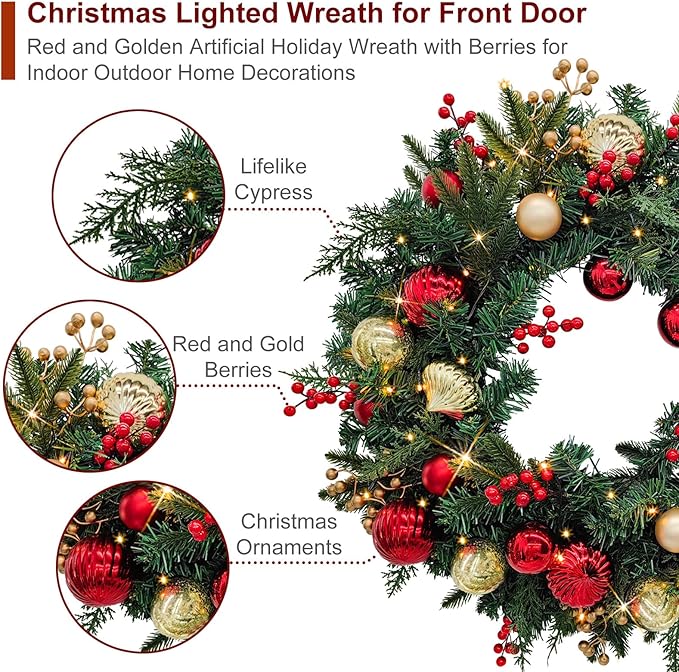 Christmas Lighted Wreath for Front Door, 28 Inches Pre-Lit 35 LED Lights, Red and Golden Artificial Holiday Wreath with Berries for Indoor Outdoor Home Decorations
