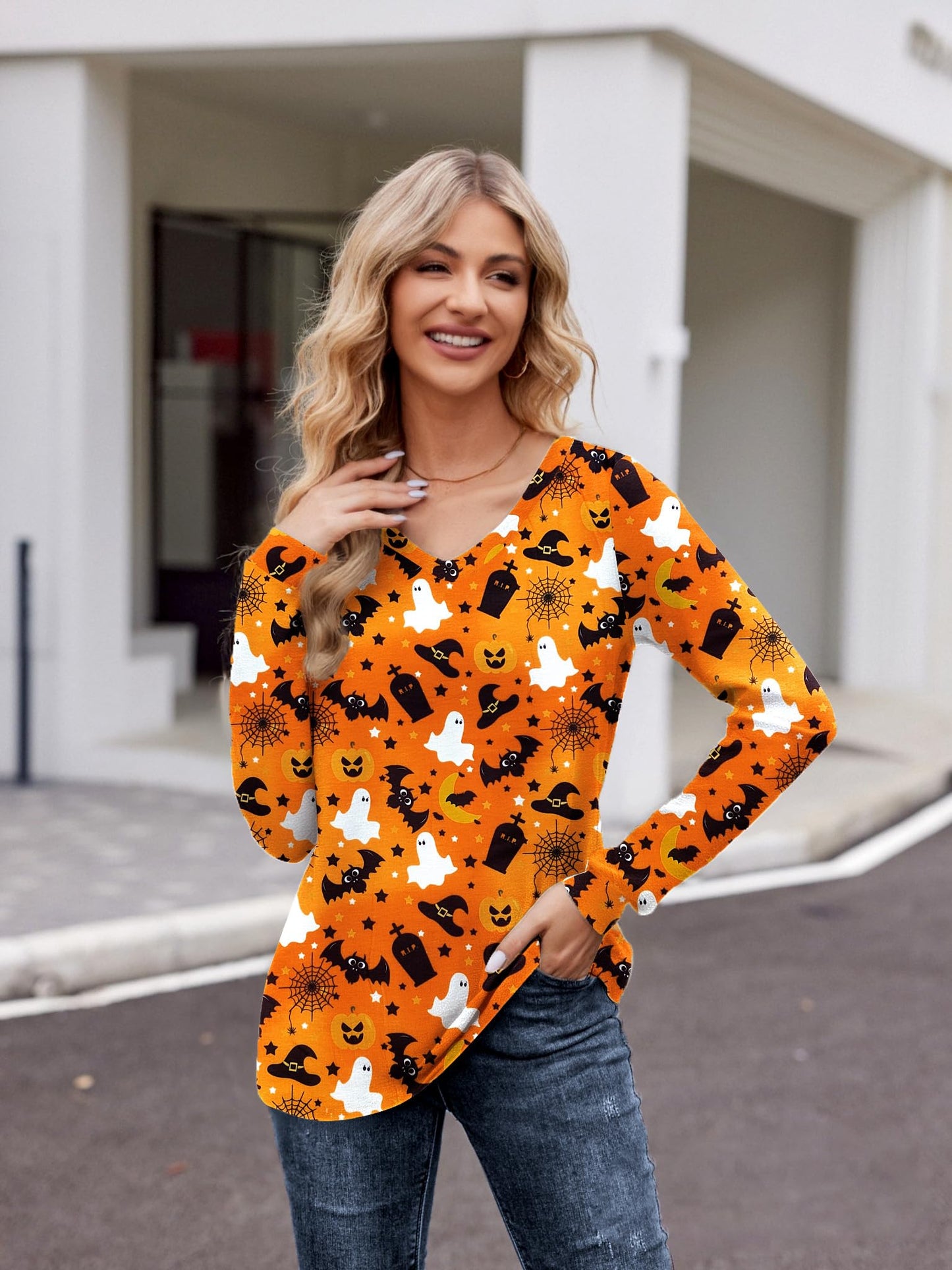 Zeagoo Halloween Shirt for Women Long Sleeve Pumpkin Printed Cute T Shirts Orange Graphic Tops Fall Tee Fashion Gift XXL