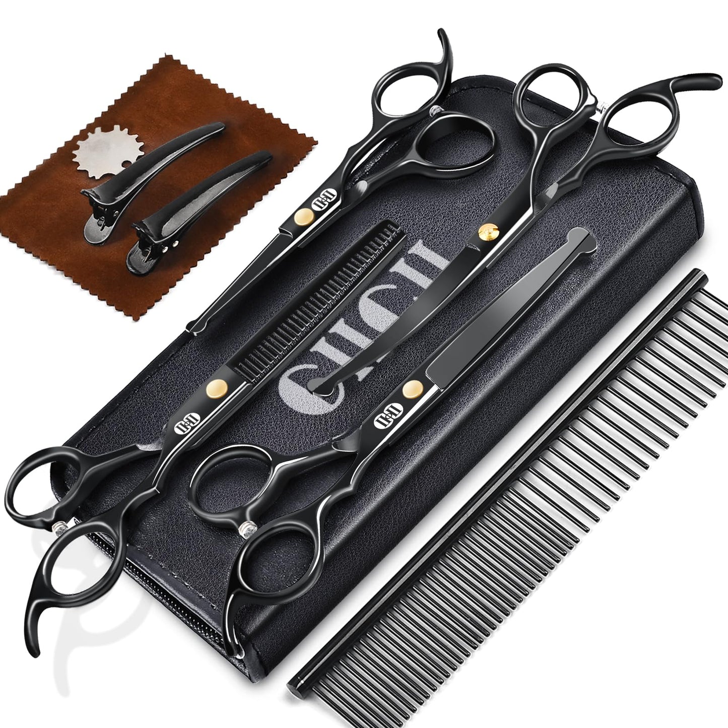 CIICII Dog Grooming Scissors Kit, 10-in-1 Professional Pet Grooming Scissors Set with Safety Round Tip (Dogs/Cat Hair Cutting Trimming Thinning Shears with Curved Scissor) for DIY Home Salon (Black)