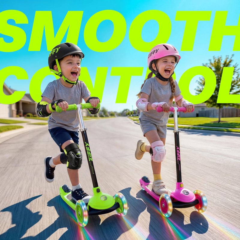 JOVA ZIFFY 3 Wheel Scooter for Kids 3-5, Toddler Kick Scooters with LED Light-Up Wheels for Boys and Girls, 5 Adjustable Height and Lean-to-Steer Design, Support up to 110 lbs, Green