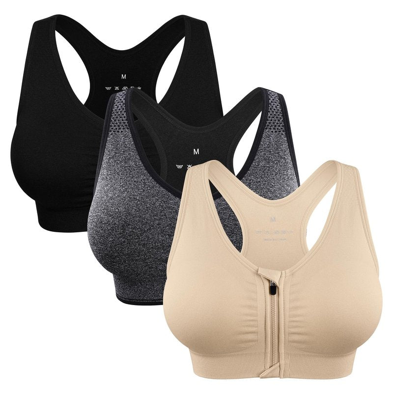 Women's Wireless Post-Surgery Sports Bras - 3 Pack with Padded Racerback, Front Zip Closure, Ideal for Yoga & Workout