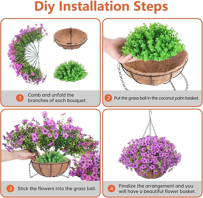 Artificial Hanging Faux Flowers Basket, Fake Silk Daisy Eucalyptus Plants Arrangement,for Spring Summer Outdoor Decoration,UV Resistant, Coconut Planter,Look Real for Home Garden Decor (Purple)