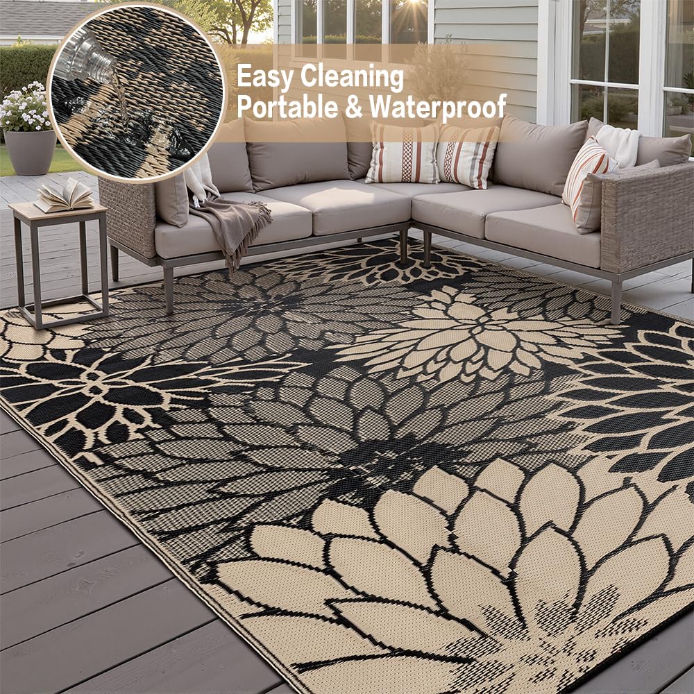 HUGEAR 5'x8' Outdoor Rug Waterproof Plastic Straw Rugs Brown Reversible Floral Mat Floor Carpet for Camping RV Deck Entryance Porch Picnic Balcony Beach Backyard