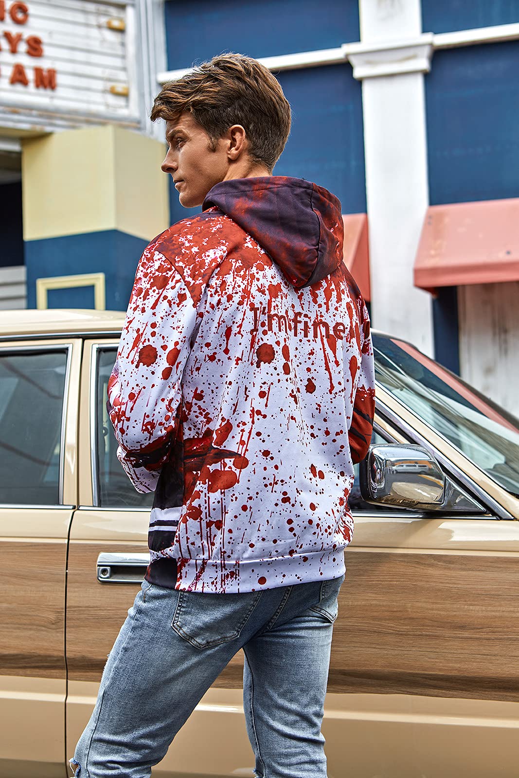 RAISEVERN Hoodies for Men Halloween I'm Fine Fleece Graphics Sweatshirts Pullover Blood Stains Novelty Hoody Cool Funny Hooded with Pocket