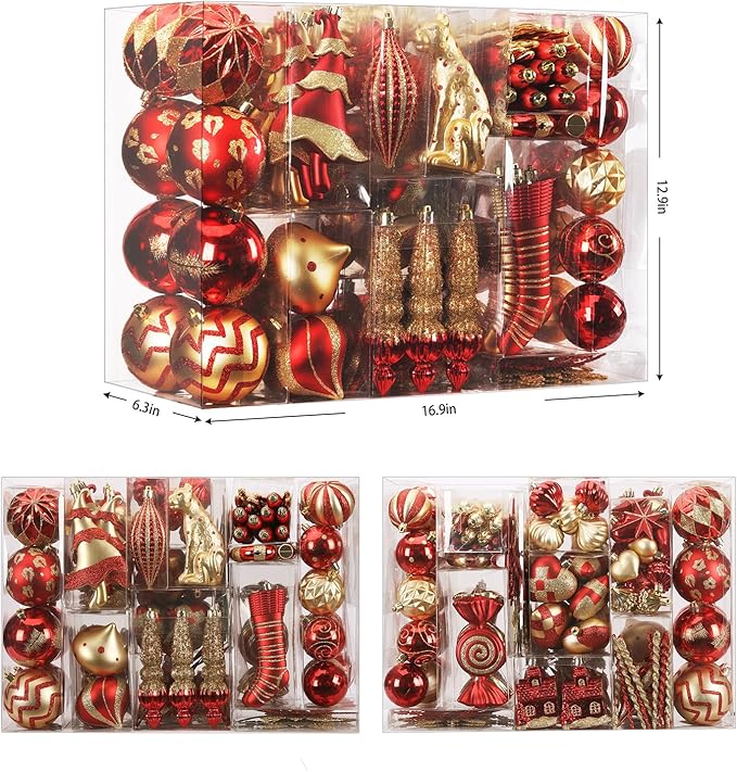 SHareconn 145pcs Christmas Balls Ornaments Set, Shatterproof Plastic Baubles Snowflakes, Stars and Tree Topper for Xmas Tree Holiday Wedding Party Decorations with Hanging Strings, Gold and Red