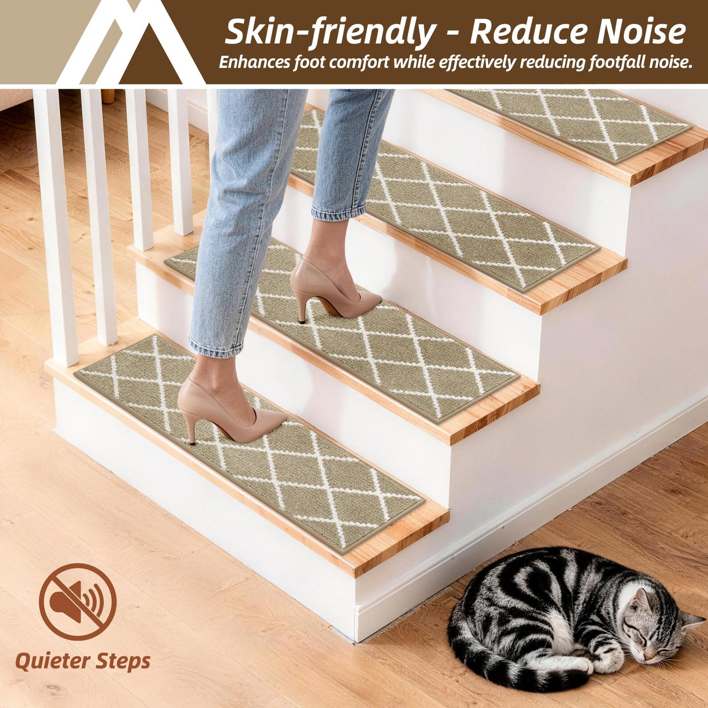COSY HOMEER Stair Treads for Wooden Steps 9"x28", Non Slip Carpet Stair Treads, Peel and Stick Indoor Runners for Kids Elders and Dogs, 100% Polyester TPE Backing, 4pcs, Beige