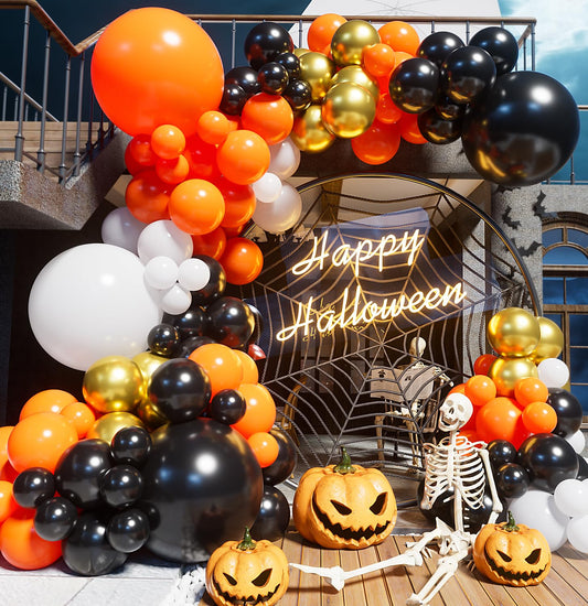 Halloween Balloon Garland Arch Kit, 134 pcs Orange and Black Balloons with White Gold Latex Balloons in Different sizes, for Halloween Birthday Party Decor Indoor Outdoor