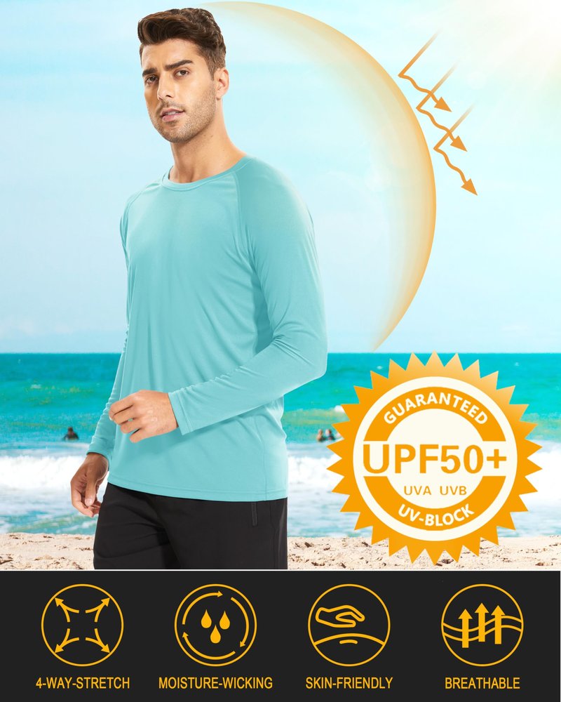 MAGCOMSEN Sun Shirts for Men Long Sleeve Shirt for Men UPF50 Quick Dry Athletic Shirt Swim Shirt Aqua Blue,3XL