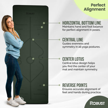 Robust Non-Slip Yoga Mat with Strap, 1/4" Thick TPE Eco-Friendly Workout Mat for Yoga with Position Lines and Texture Surface, Gym Mat for Women, Men, Pilates and Exercises Anti-Tear Sweat-Proof Exercise Mat