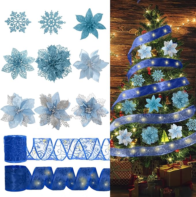 72Pcs Poinsettia Christmas Flowers Decorations with Christmas Ribbon, Blue Christmas Decorations,9 Styles Glitter Artificial Poinsettia Christmas Tree Ornaments for Wreath Garland Holiday Decor(Blue)