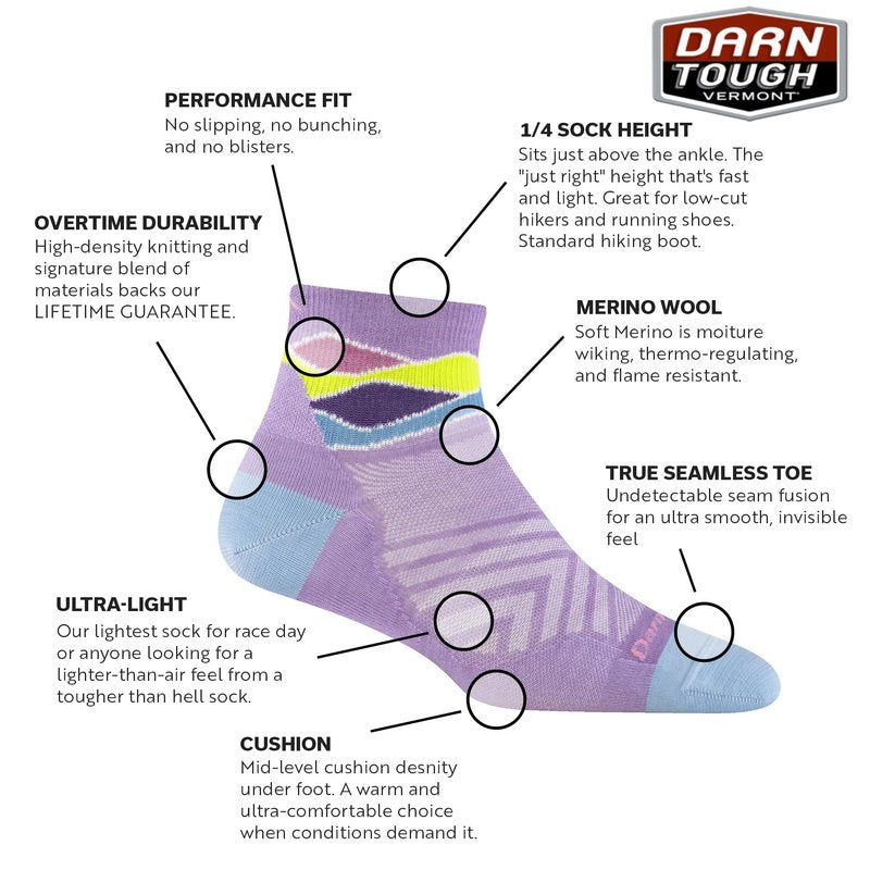 Darn Tough Women's 1/4 Ultra-Lightweight Run Sock (Style 1044) - Lavander, Medium