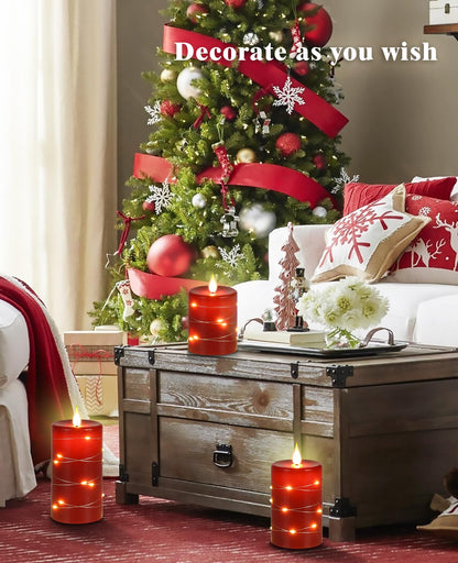 Da by Red Flameless Candles with String Lights, Battery Operated Candles with Remote Control and Timer,Flickering LED Pillar Candles for Home Décor,Real Wax,3 Pack -Red