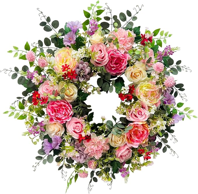 24 Inch Spring Summer Wreath for Front Door Outside Artificial Peonies Rose Flowers Morning Glory Mixed Flowers for Outdoor Front Door Indoor Wedding Wall Window Décor All Season
