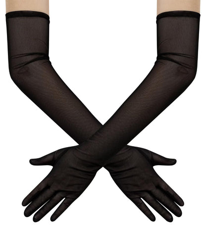 Hazhlko Women's Long Stretchy Mesh Tulle Sheer Gloves Costume Wedding Opera Halloween Party 1920's Dance Gloves Black