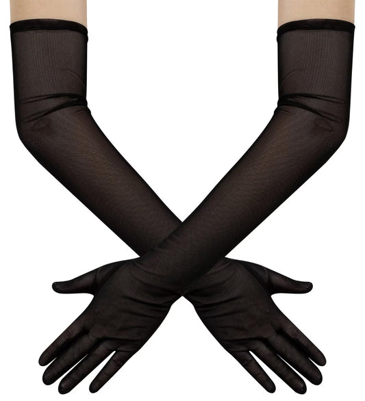 Hazhlko Women's Long Stretchy Mesh Tulle Sheer Gloves Costume Wedding Opera Halloween Party 1920's Dance Gloves Black