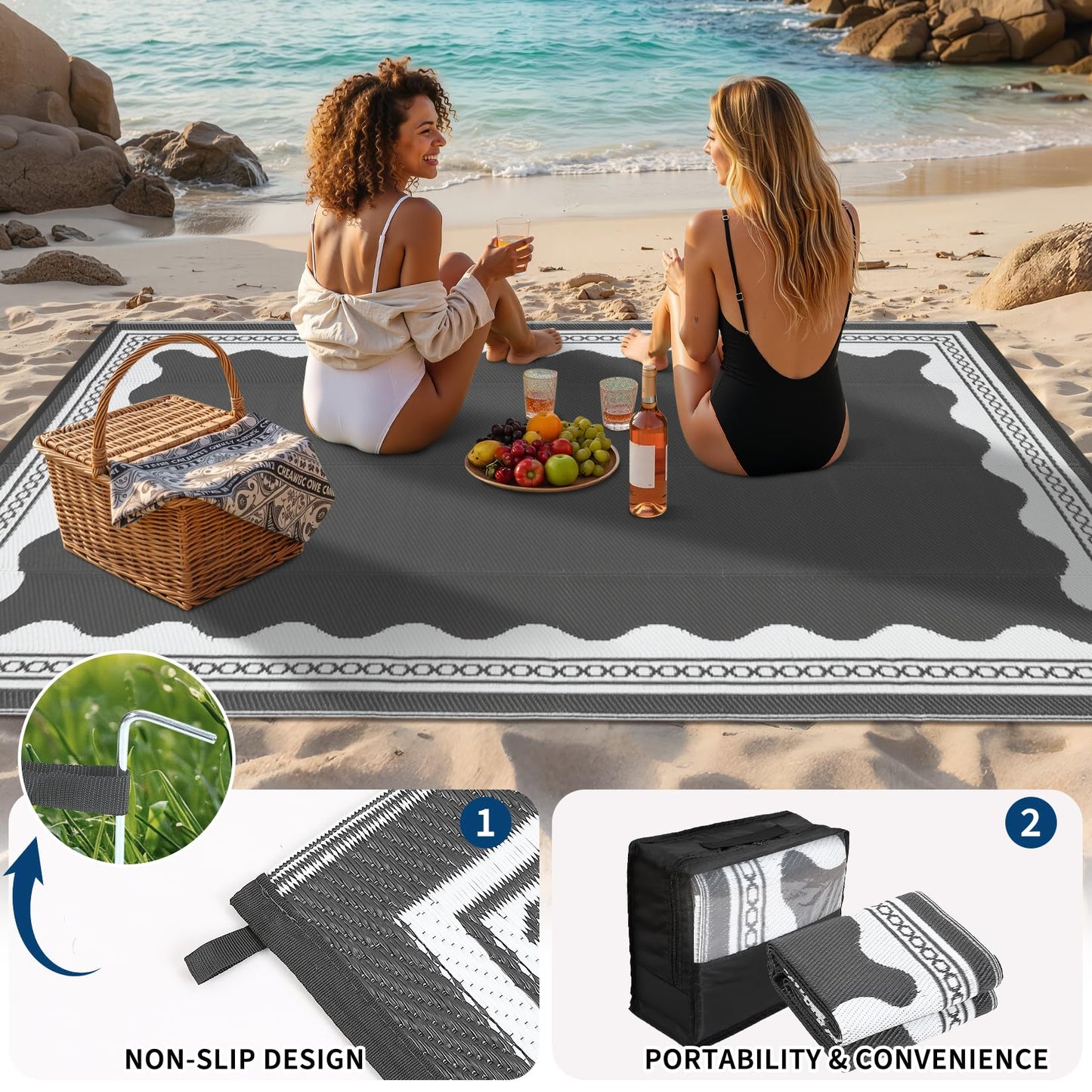 Garvee Outdoor Rug 5x8 Scalloped Waterproof Patio RV Outdoor Rugs Reversible Foldable Plastic Straw Rug Modern Camping Carpet for Deck Camper Porch Balcony Backyard Picnic Beach Grey