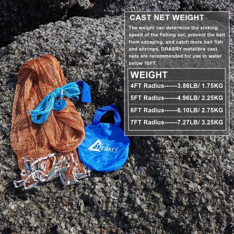 Drasry Saltwater American Fishing Cast Net 3/8inch Mesh Size for Bait Shrimp Trap Fish Heavy Duty Sinkers Throw Net 3FT to 12FT Radius Tire Lines 4FT Radius