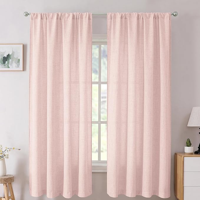 Tollpiz Short Linen Curtains Bedroom Rod Pocket Semi Sheer Curtain Burlap Light Filtering Thick Linen Drapes for Living Room, 38 x 45 inches Long, Pink, Set of 2 Panels