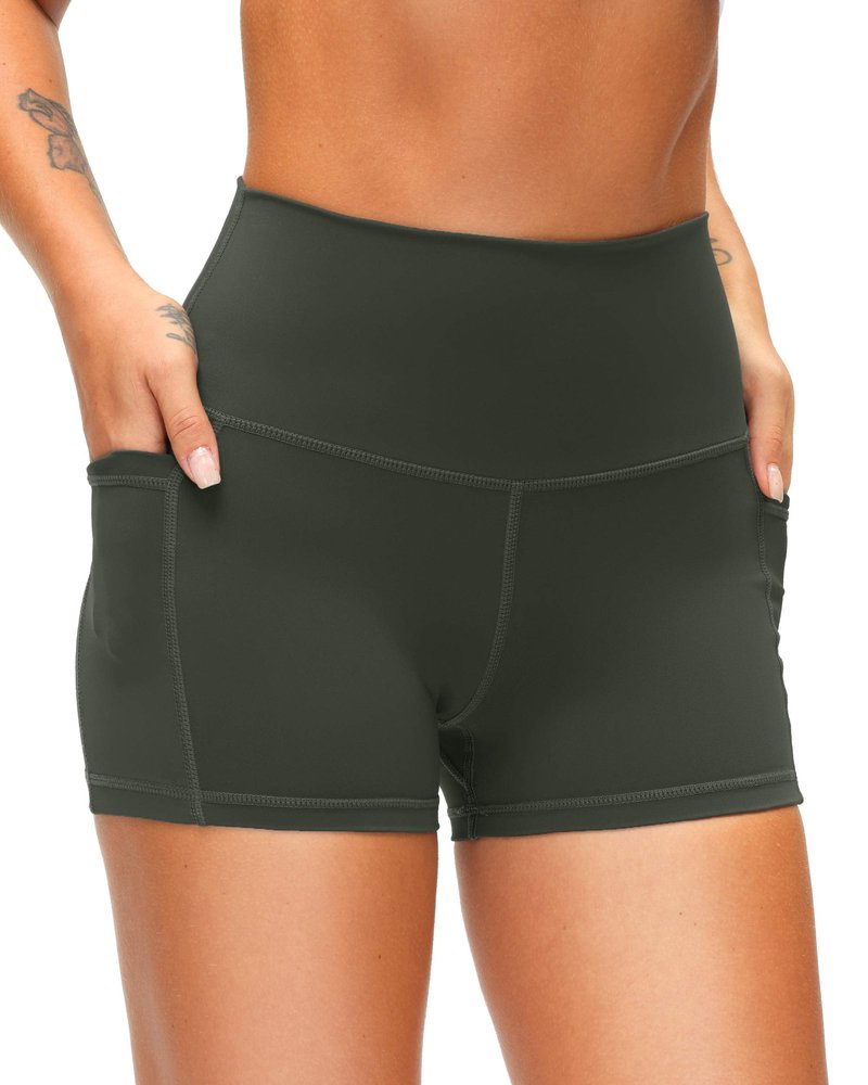 Soothfeel Women's High Waist Yoga Shorts with Side Pockets Tummy Control Running Gym Workout Biker Shorts for Women 3"(Brown, XXL)