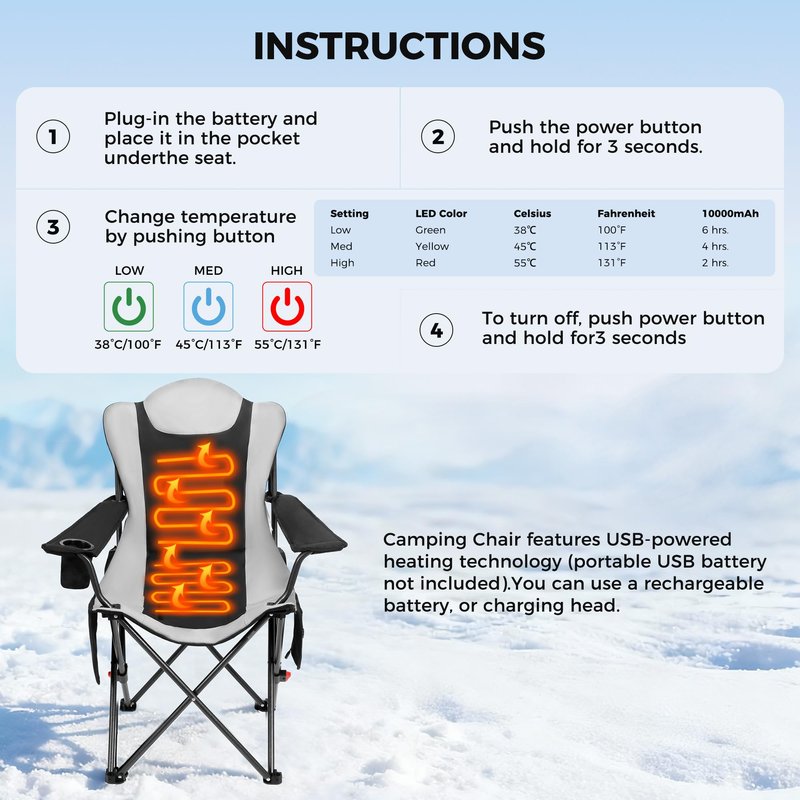 OUTSIDER Heated Camping Chair Heavy Duty 3-Position Folding Camp Chair with 3 Heat Levels, Cup Holder & Side Storage - Outdoor Heating Camping Chair for Adults, Supports 350lbs,Battery Not Included