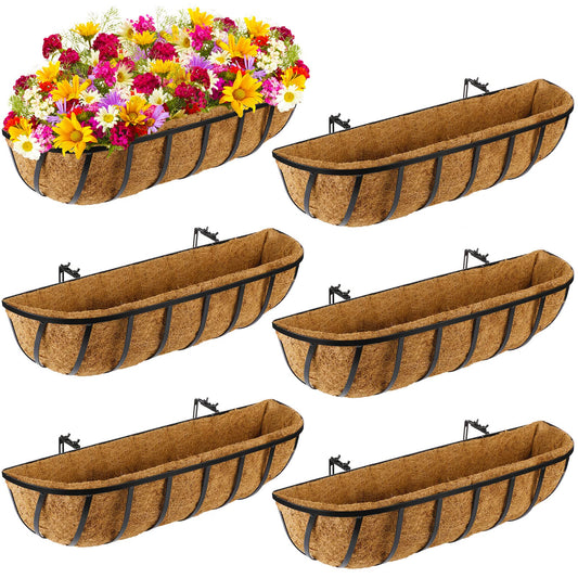 Tessco for you 6 Pieces Railing Planter Boxes, 24 Inches Window Box Planters with Coco Liner and Adjustable Brackets for Deck Porch Fence Patio Balcony Gardening Outdoor Plants