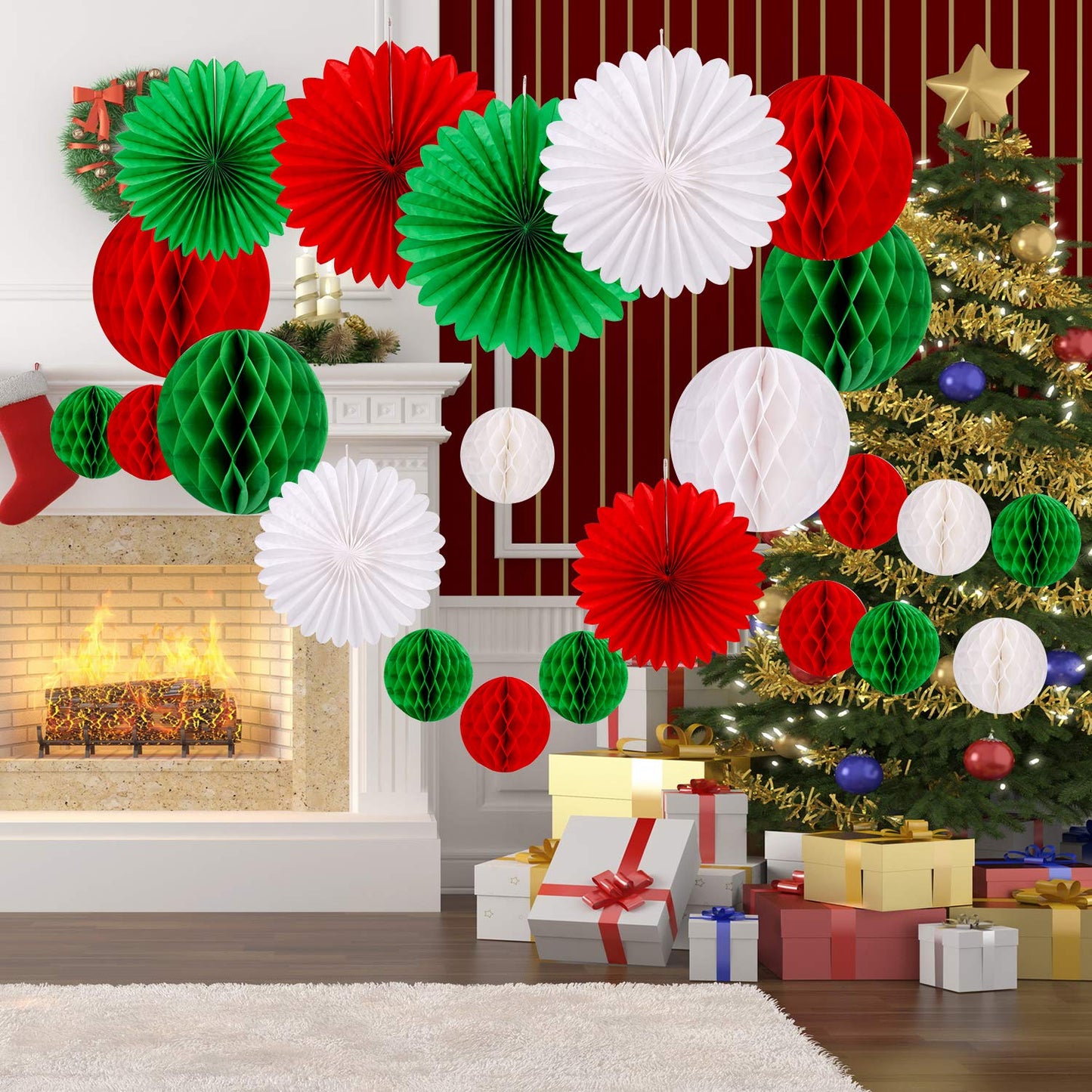 Konsait 30pcs Christmas New Year Hanging Decoration Paper Honeycomb Balls Paper Fans Kit for Xmas Party Decor Supplies Baby Shower Birthday Wedding Home Decoration Red White Green Decor