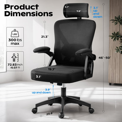 Ergonomic Office Chair, Home Office Desk Chair with Headrest, High Back Mesh Chair with Flip-up Armrests, Comfy Desk Chair with Lumbar Support, Rolling Swivel Task Computer Chair for Home Office