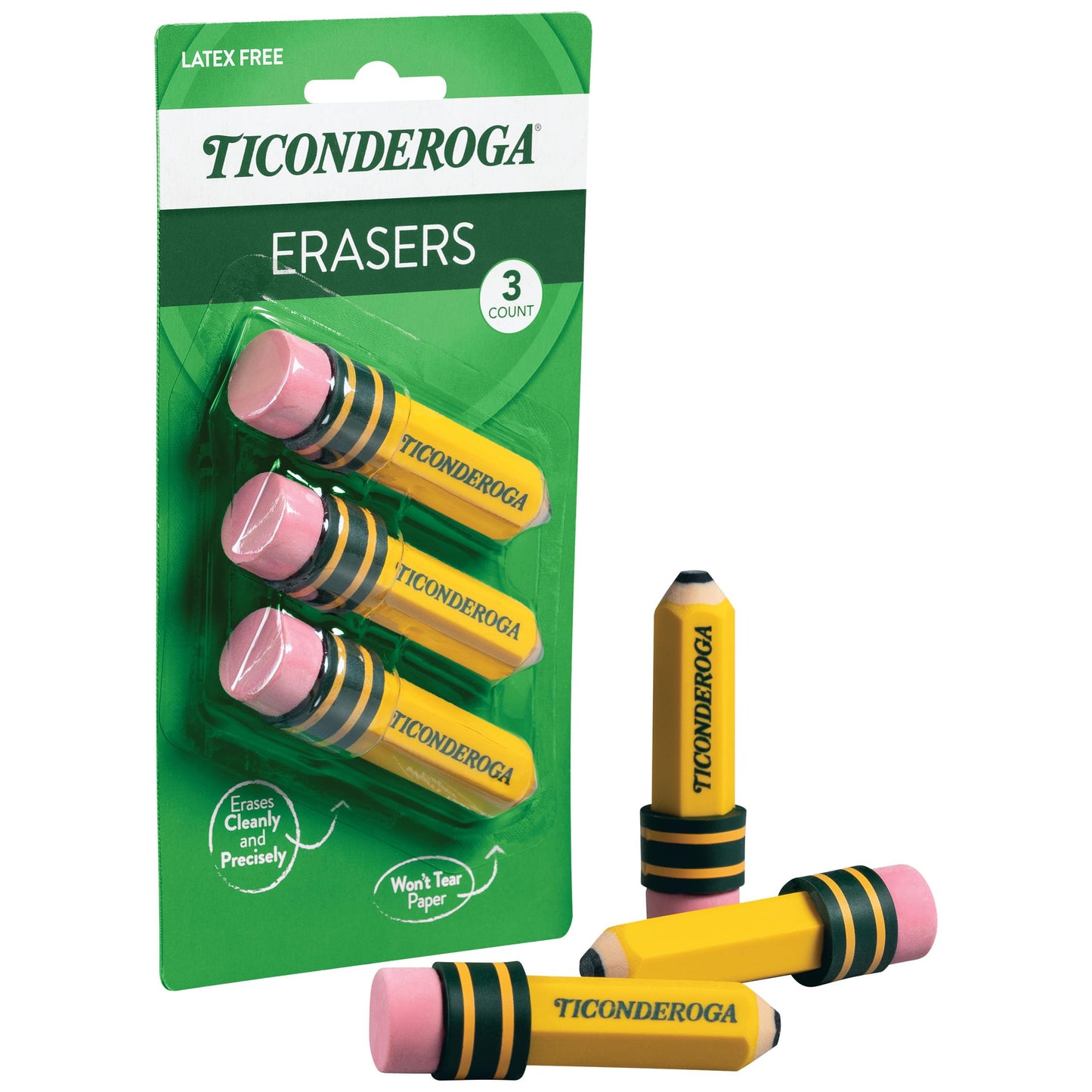 TICONDEROGA Erasers, Pencil Shaped, Latex-Free, Yellow, 3-Pack (38953)