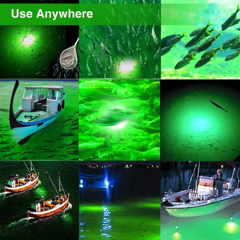 80W 9600lm Underwater Fishing Light, IP68 Waterproof Aluminum Super Bright Night Fish Attracting Submersible LED Lamp Lure Bait Finder for Freshwater Saltwater Sea Kayak Boat Ice Dock (Green)