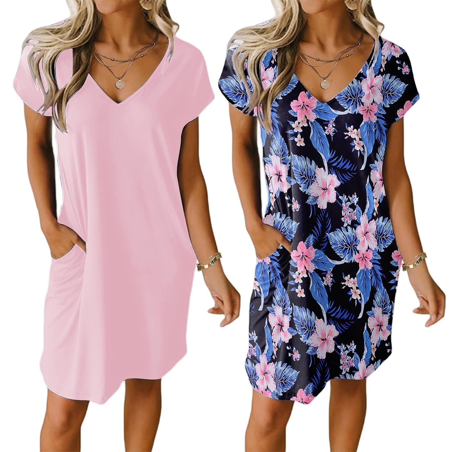 Ekouaer Women's 2 Pack Nightgown Sleepshirts V Neck Nightshirt Short Sleeve Sleepwear Pajama Dress with Pockets