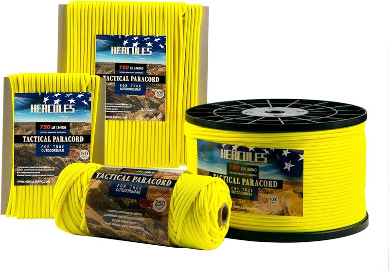 HERCULES 750lb Paracord - 4mm Tactical Parachute Cord for Camping & Survival | Neon Yellow, 250FT